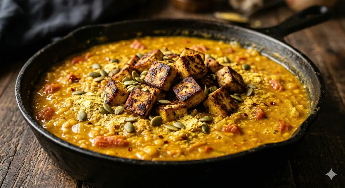 Cast Iron Lentil Dal with Crispy Tofu (460 Cal, 38g Protein)