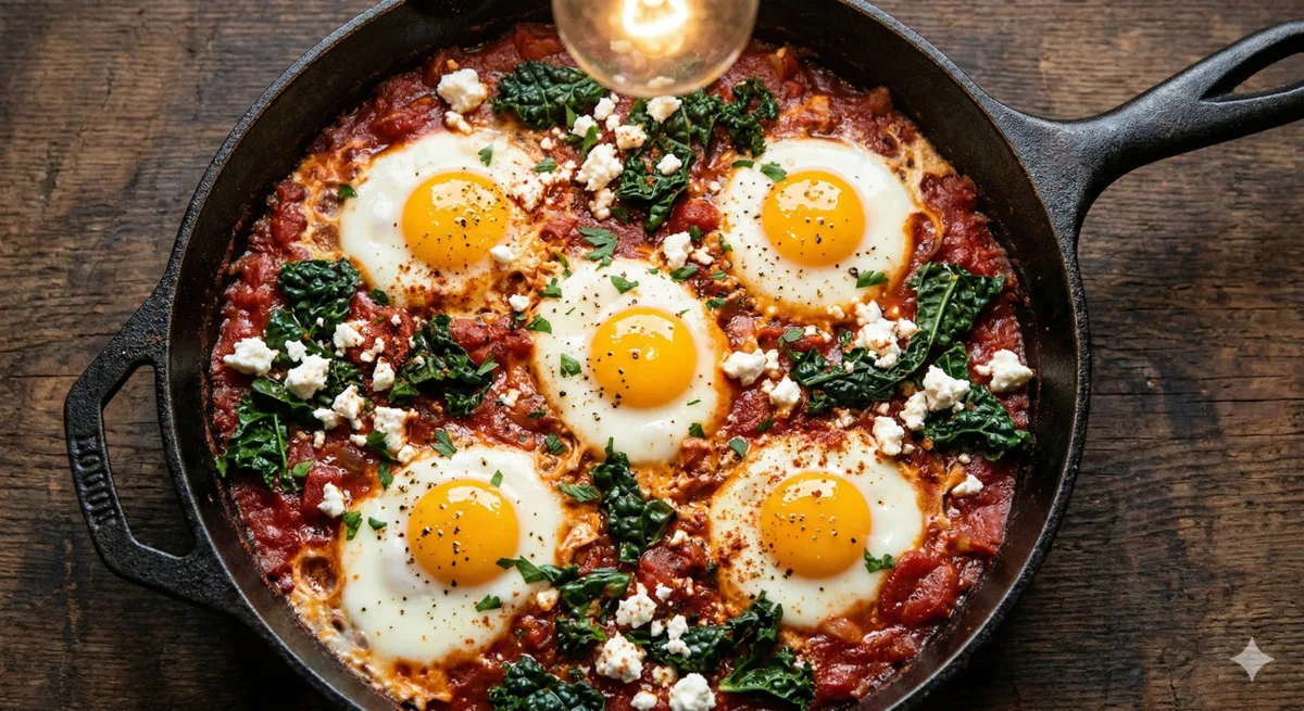 Cast Iron Shakshuka with Feta and Kale (490 Cal, 34g Protein)