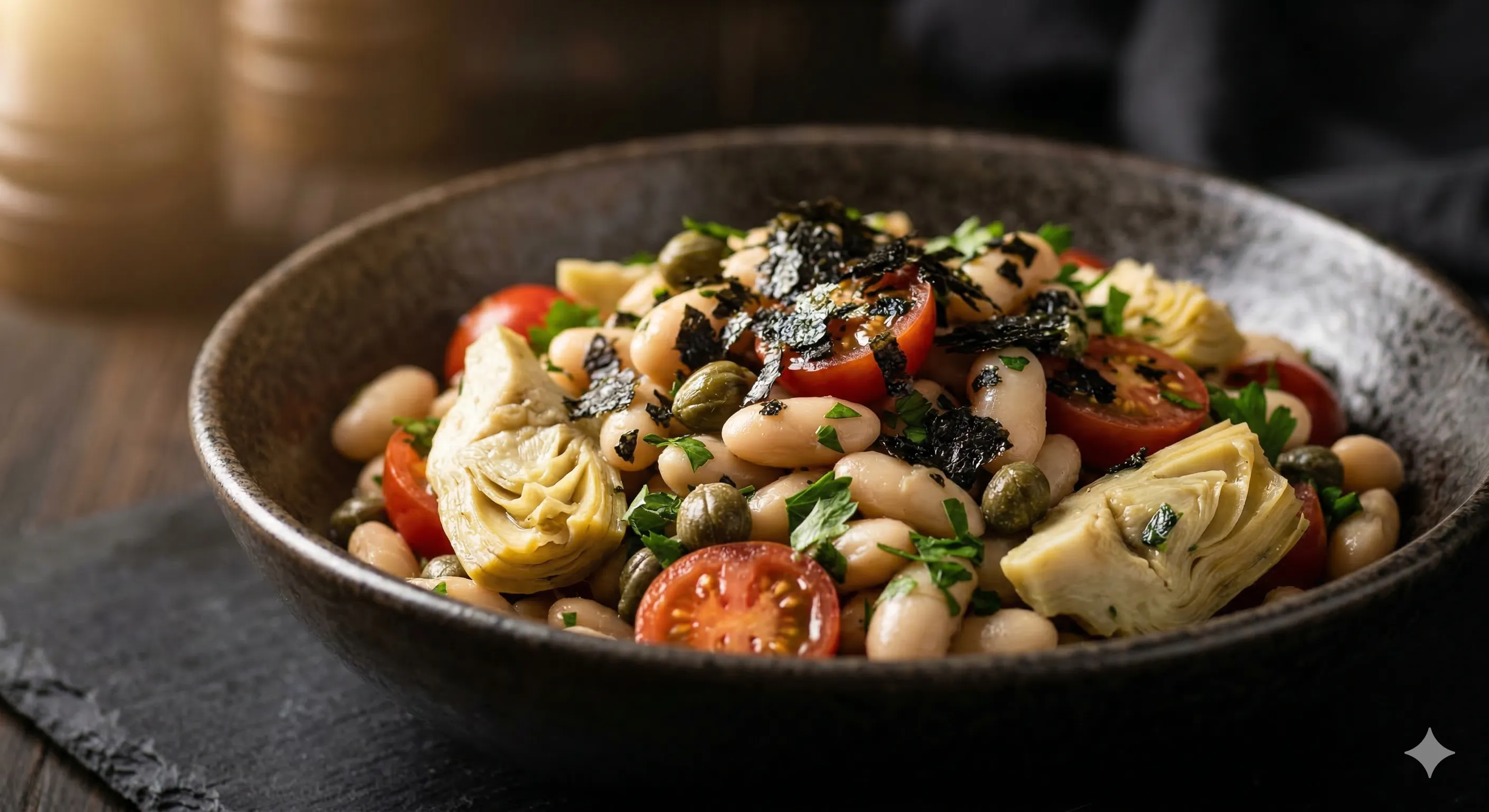 Bowl of Mediterranean white bean caviar with crumbled nori and artichoke hearts