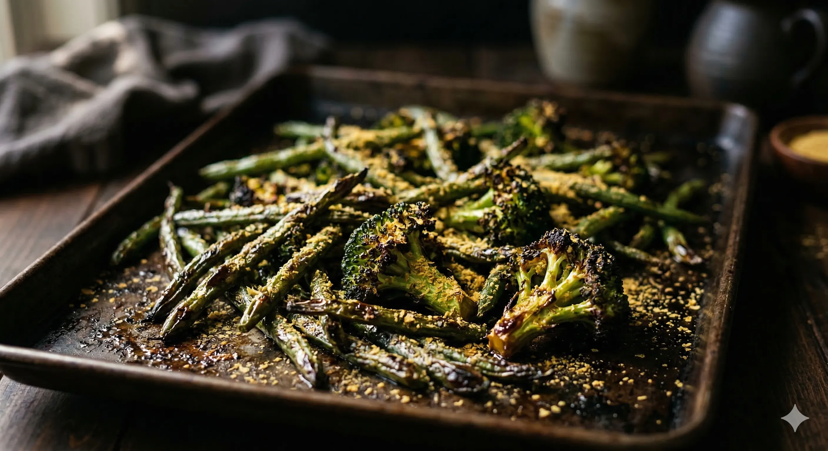 Miso-glazed green beans and broccoli on a sheet pan