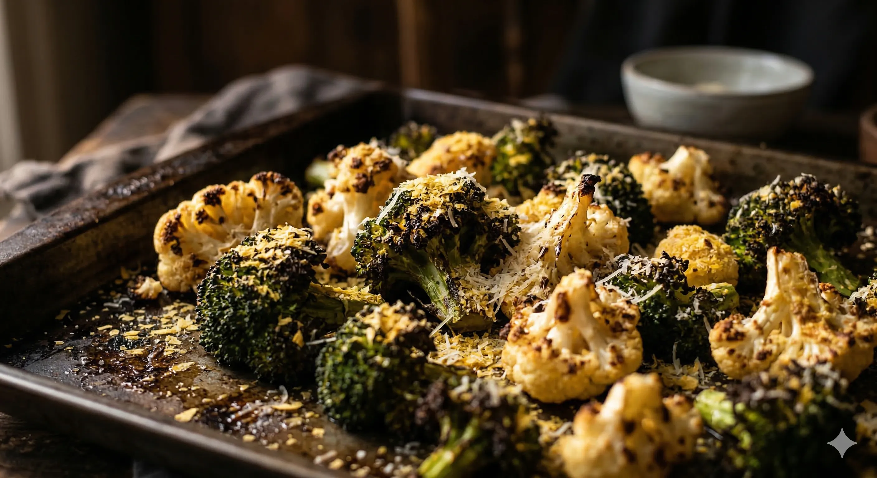 Roasted broccoli and cauliflower dusted with nutritional yeast on a sheet pan