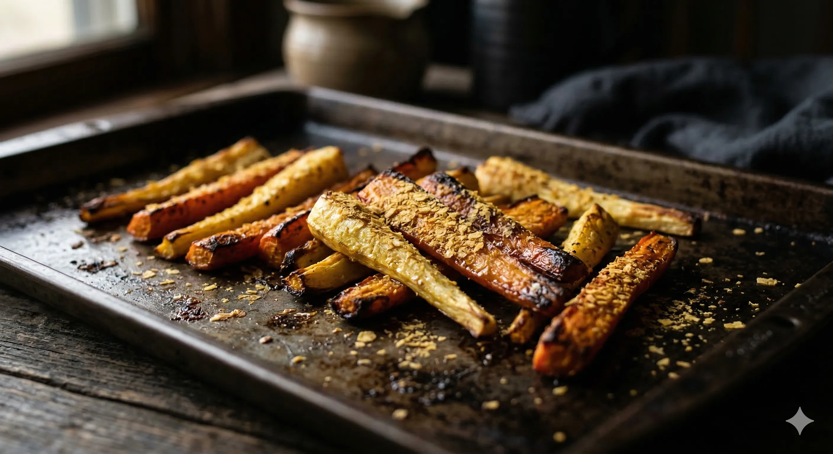 Roasted carrot and parsnip batons with ras el hanout spice on a sheet pan