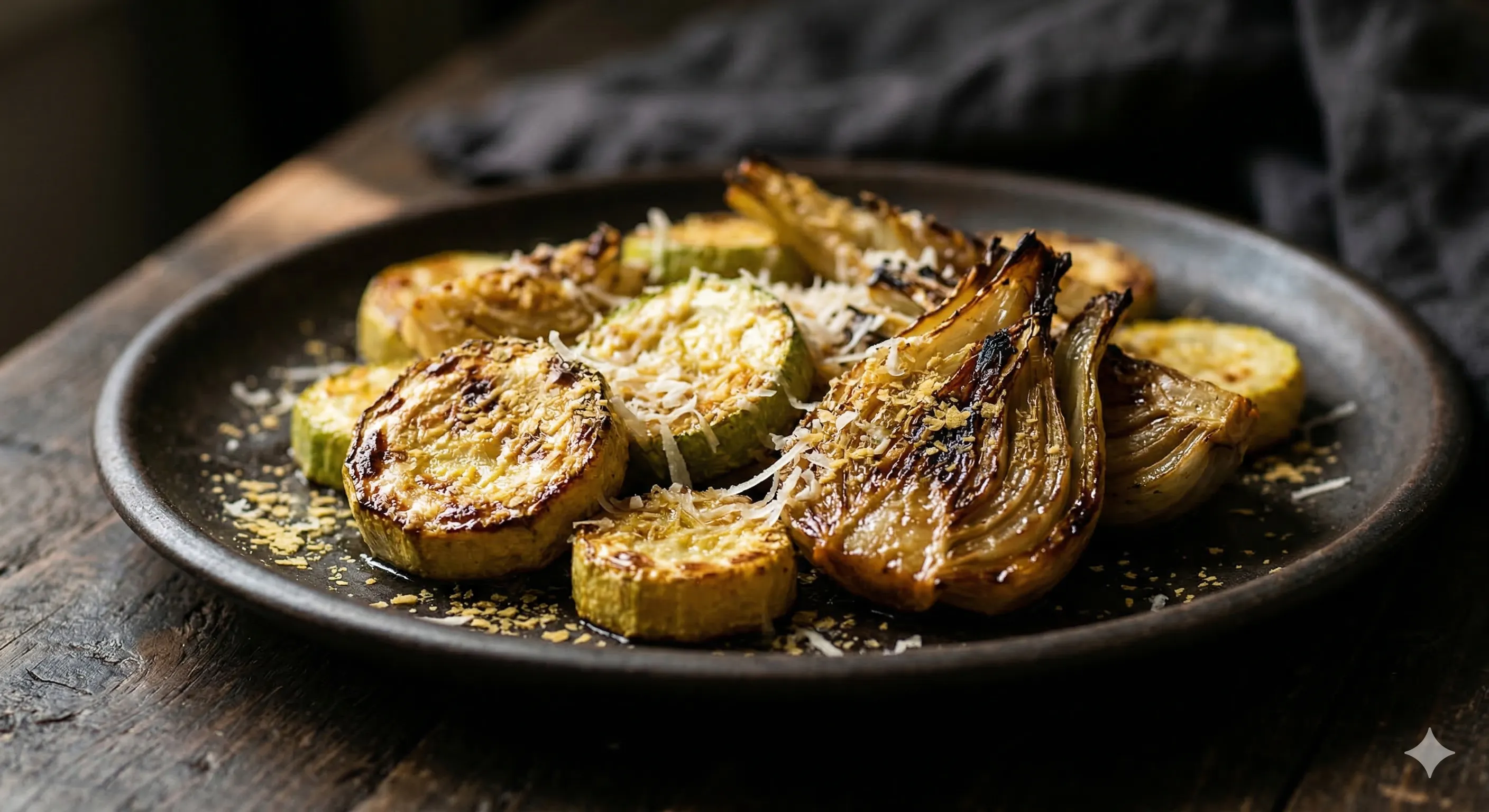 Roasted zucchini rounds and fennel wedges on a sheet pan with nutritional yeast