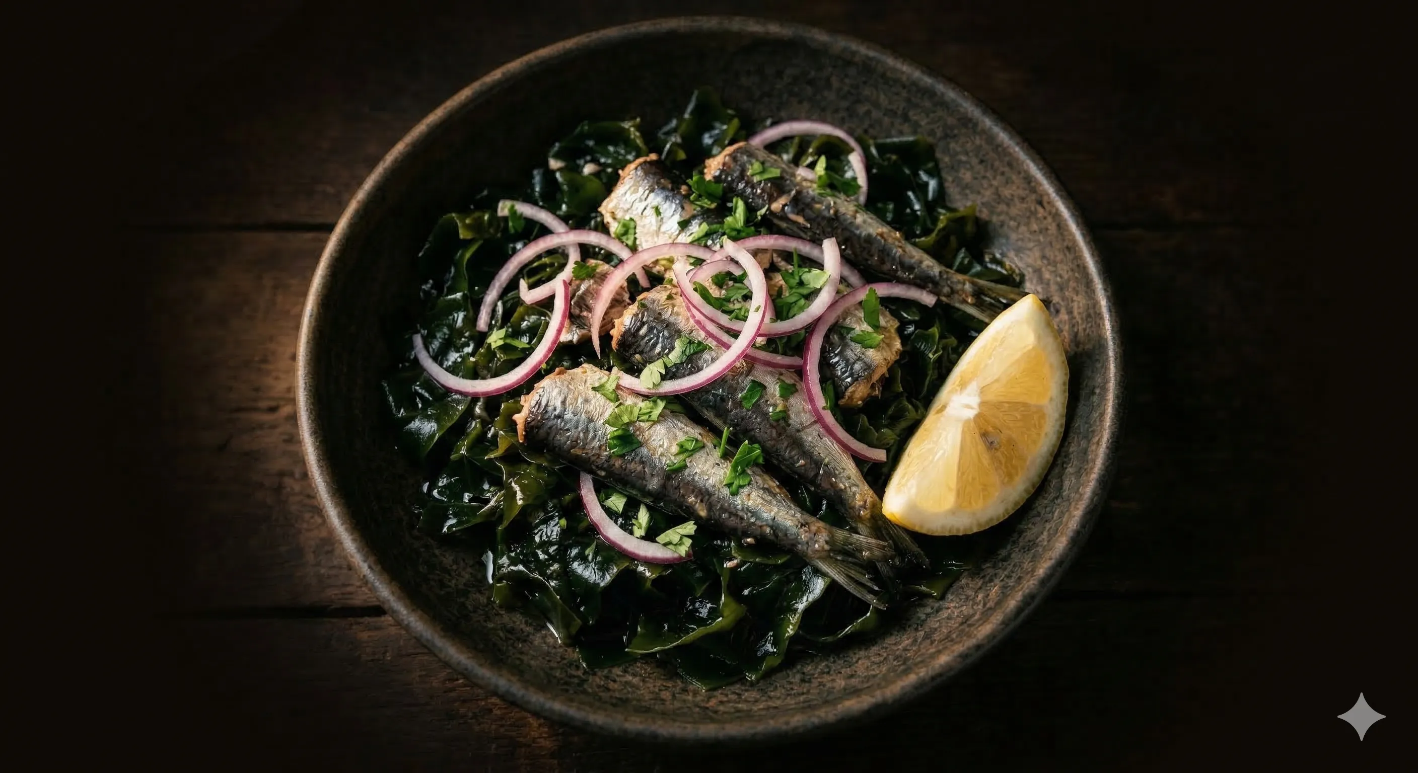 Canned sardines over rehydrated wakame seaweed salad with lemon and red onion