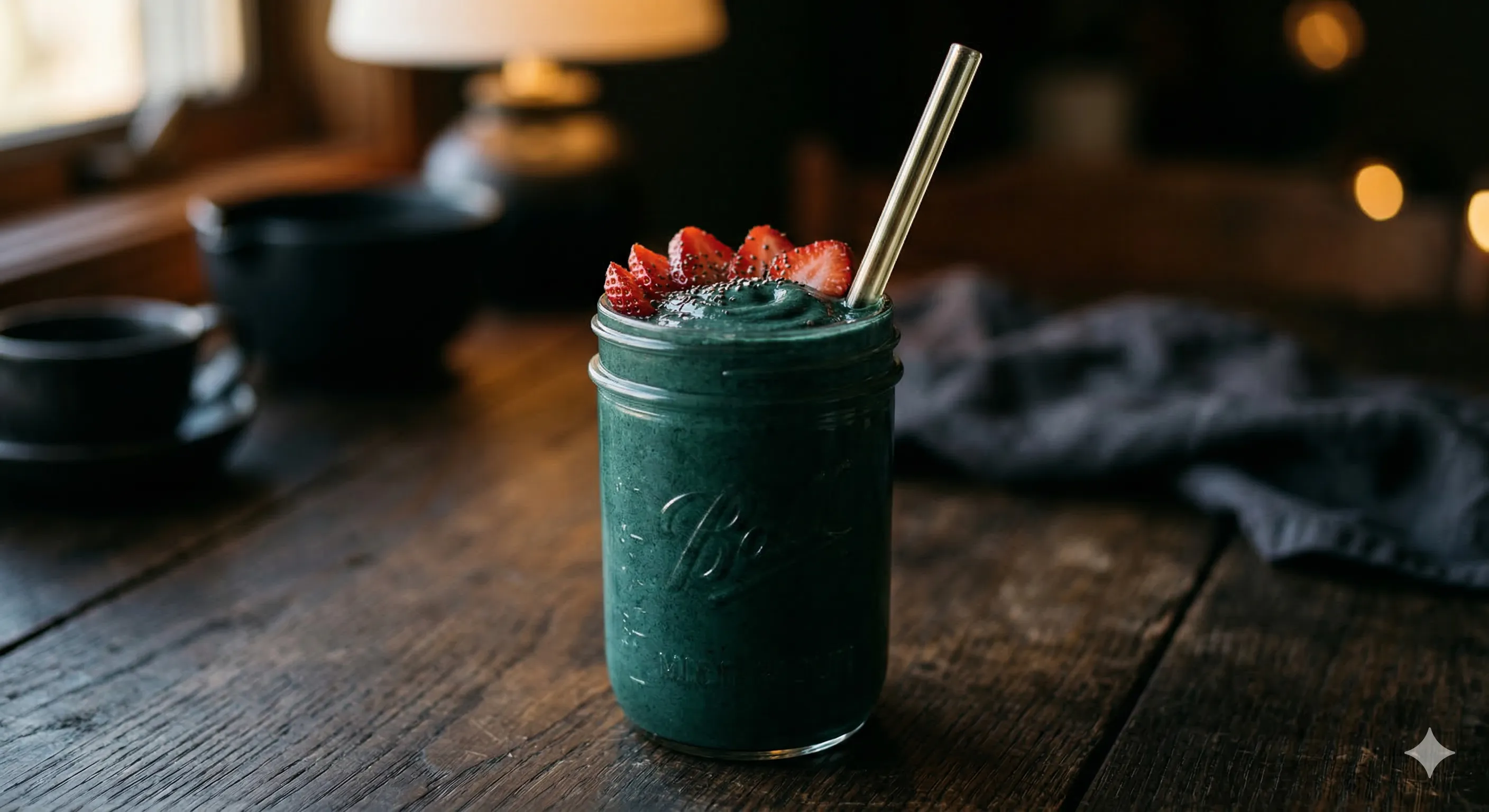 Dark green spirulina protein smoothie in a glass