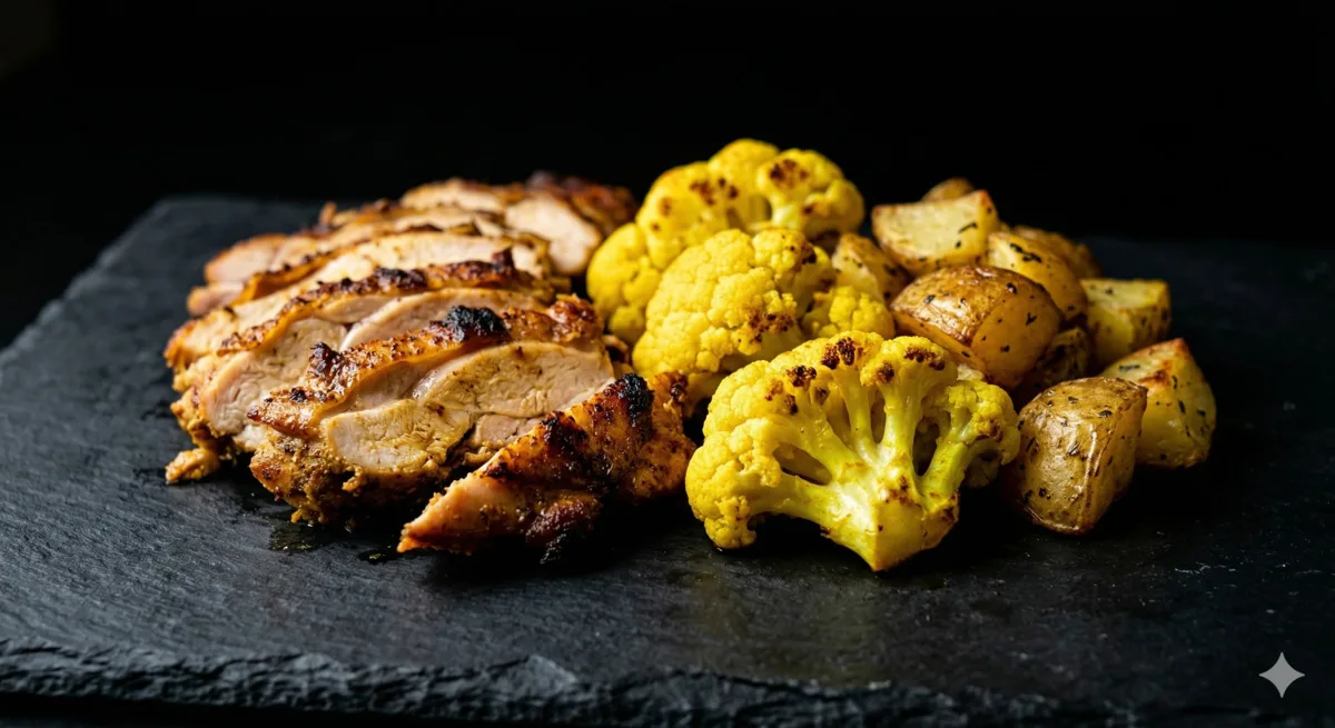 Trader Joe's Chicken Shawarma with Turmeric Cauliflower, Golden Potatoes, and Yogurt Sauce (535 Cal, 38g Protein)